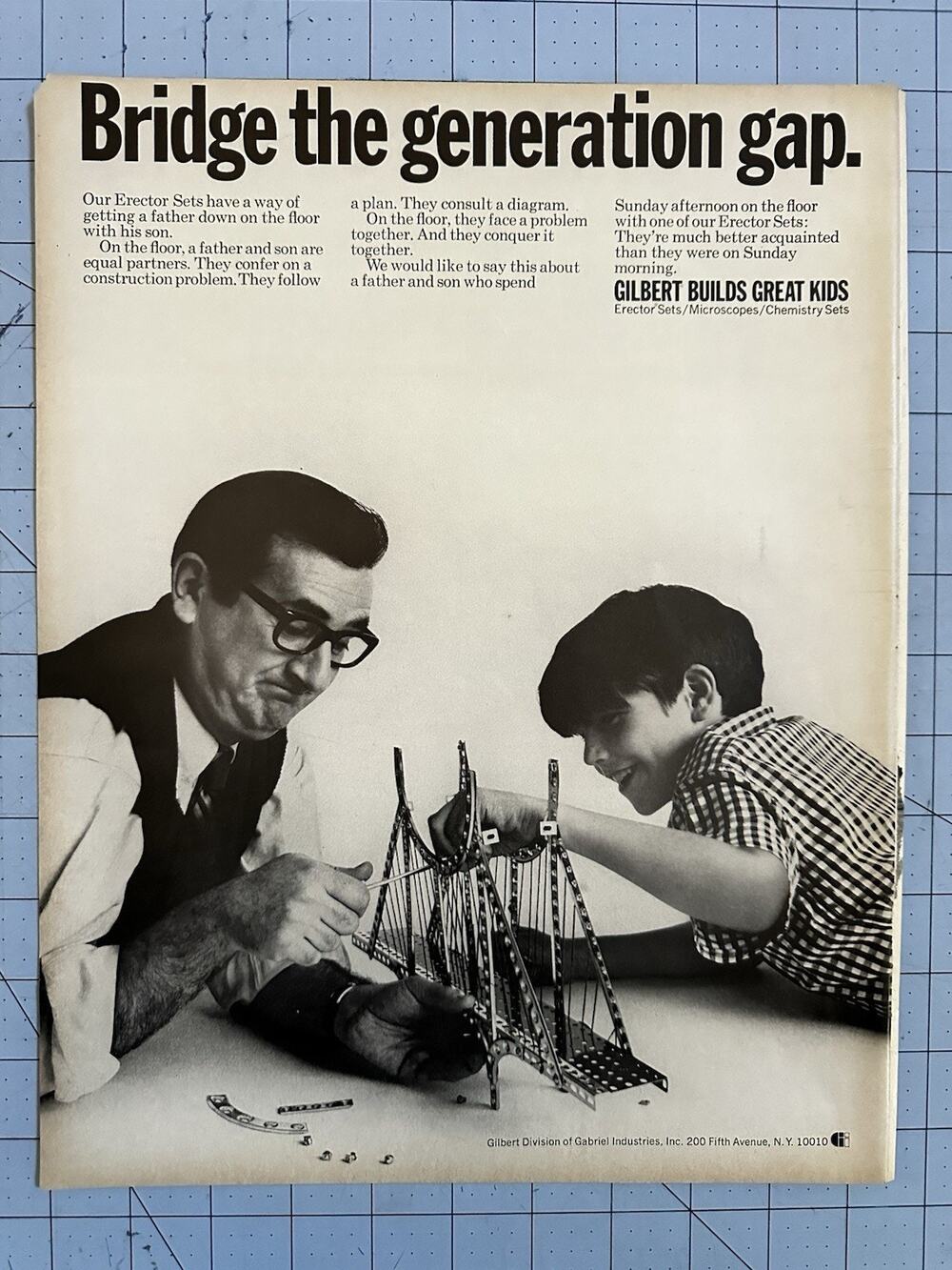 Print Ad Bridge Generation Gap Gilbert Erector Sets Microscope Chemistry 1969 AD